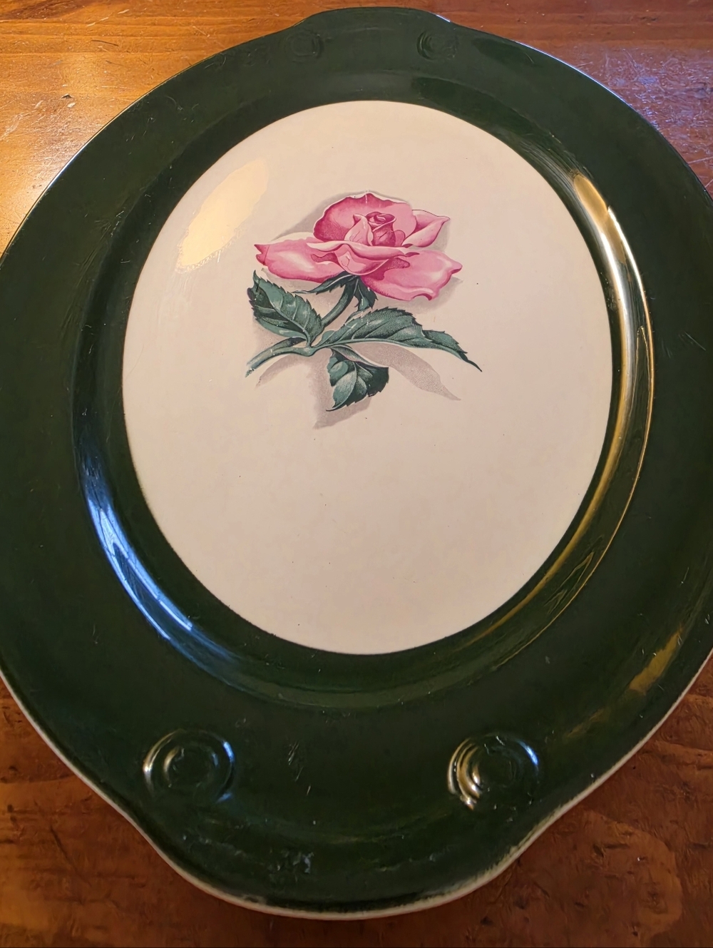 Midcentury Taylor,Smith and Taylor USA Rose Oval Platter with Green Edge,Ceramic